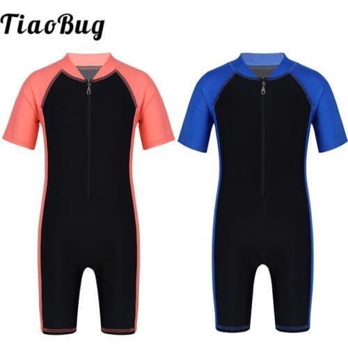 TiaoBug Unisex Kids One-piece Short Sleeve Zippered Swimsuit Swimwear Wetsuit Children Boys Girls Swimming Training Bathing Suit