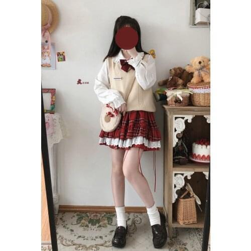 New Japanese Harajuku Girls Sweet Red Plaid High Waist Pleated Skirts Lolita Kawaii Mini Cake Skirts Hot Girl