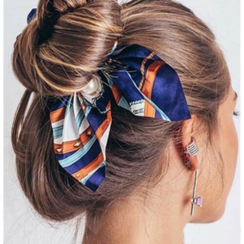 Fashion Bowknot Elastic Hair Bands Scarf for Women Simulation Pearl Ribbon Ponytail Holder Hair Accessories Hair Ties Headwear