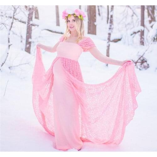 Pink Lace Maternity Dress Mermaid Style Long Baby Shower Maternity Gown Photoshoot Bathrobe Nightwear Pregnancy