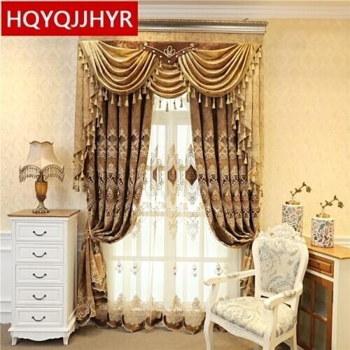 European style luxury villa embroidered curtains for bedroom window high quality elegant brown Blackout curtains for living room