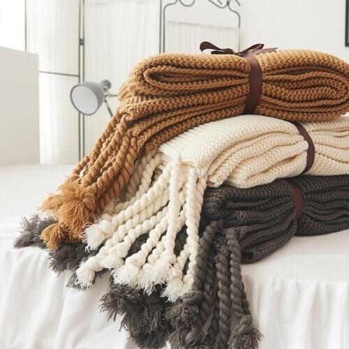 Pink blanket Modern minimalist color knitted tassel sofa blanket