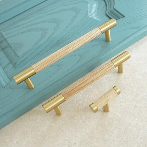 5" 6.3" Pure Copper Door Handles Light Wood Grain Cabinet Knob Wooden Cupboard Drawer Handle Door Pulls Knobs 128 160mm T Type