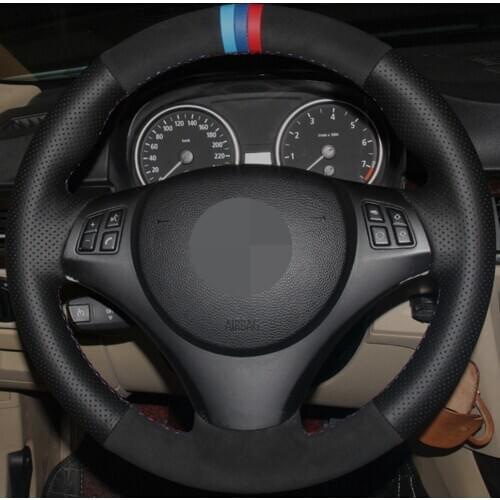 DIY Hand-stitched Soft Black Genuine Leather Suede Car Steering Wheel Cover For BMW E90 320i 325i 330i 335i E87 120i 130i 120d
