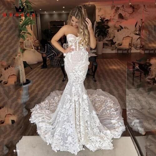 Wedding Dress 2021 Mermaid Sweetheart Open Back Big Train Lace Flowers Sexy Luxury Formal Bride Dress Custom Made KW40