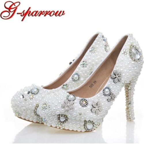 Round Toe White Pearl with Crystal Wedding Party Shoes Platform High Heels Elegant Women Pumps Genuine Leather Bride Shoes
