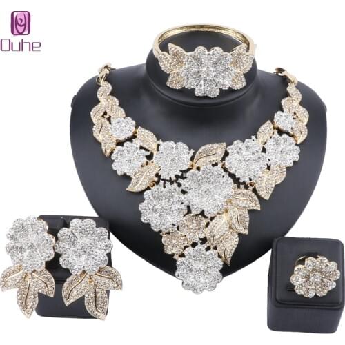 Bridal Dubai Gold Jewelry Sets Crystal Dinner Dress Necklace Bangle Nigerian Wedding Party Women Fashion Jewelry Set