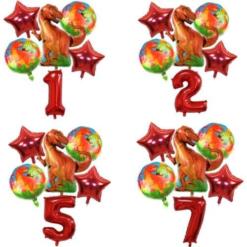 6pcs/lot Tyrannosaurus Foil Balloons Dinosaur Balloon With Red Number Ball Children Boy Jurassic World Birthday Party Decoration