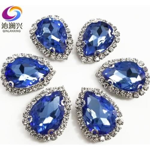 Top grade Silver bottom Glass Crystal buckle,Light blue Drop shape sew on rhinestones with holes,Diy/wedding decoration