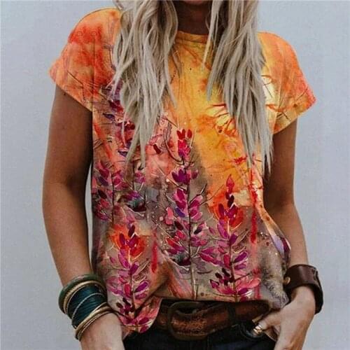 2021 Women Fashion T Shirts Pullover O-Neck Abstract Painting Style Floral Print Street Short Sleeve Multicolor Loose T-shirt