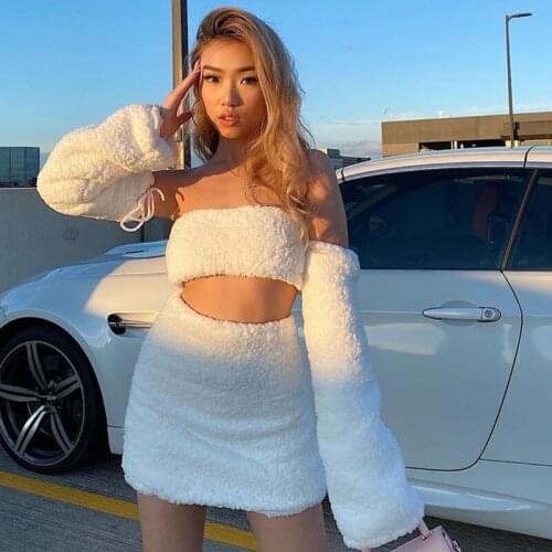 Women 2 Pieces Clothes Sets White Plush Long Sleeve Corset Tops with Mini Skirts Y2K Clothes Sets Back Bandage outfit for women