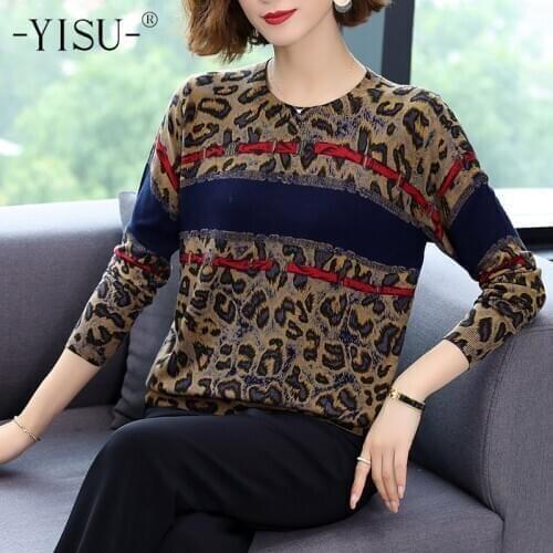 YISU Women knitted sweater Autumn Winter O-neck Long Sleeve pullover Fashion Leopard Pattern Printed sweater Women Jumper tops