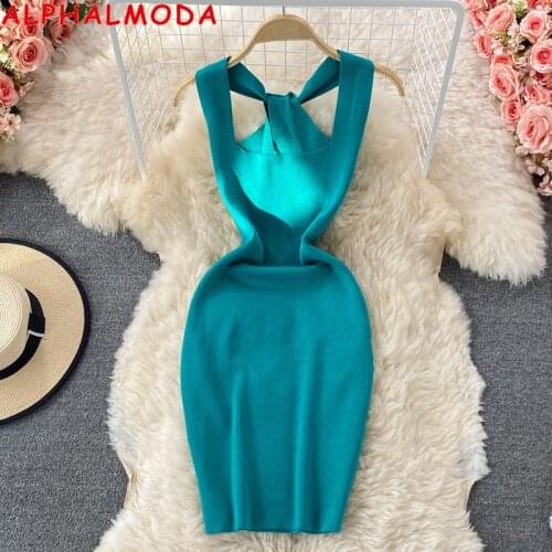ALPHALMODA 2021 Square Collar Hollow Out Women Sexy Summer Dress Sleeveless Pullovers Slim Mini Knitting Dress