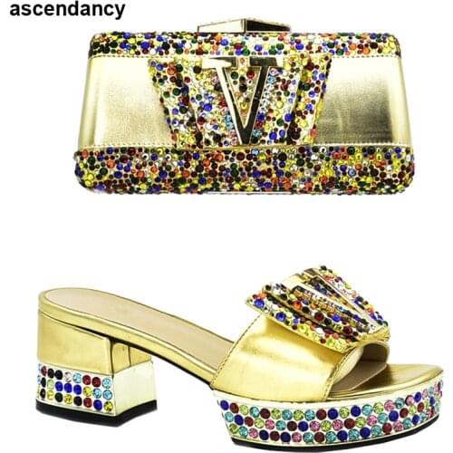 Gold Nigerian Party Shoe and Bag Sets Ladies Italian Shoe and Bag Set Decorated with Rhinestone Women Shoes and Bag Set In Italy