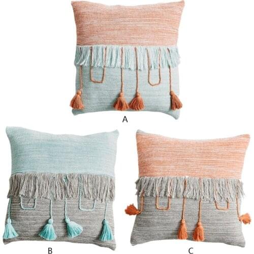 Null Decorative Square Throw Pillow Case Tribal Boho Contrast Color Patchwork Embroidery Irregular Striped Tassels Cushion Cover