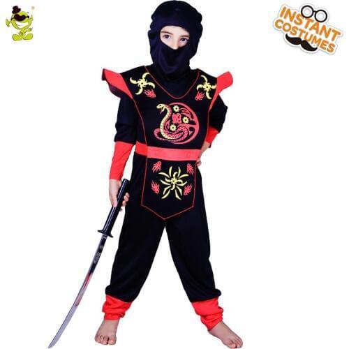 Halloween Kids Black Hooded Ninja Costume with Red Snake Printed Cosplay Fancy Dress Suit for Carnival Party for Unisex Child