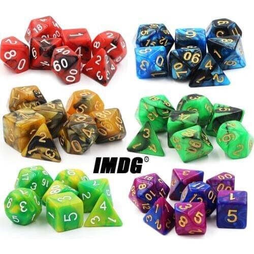 IMDG 7pcs/set Creative RPG Game Dice Polyhedron Acrylic Dice DND Color Mixing Digital Game Dice with Bag