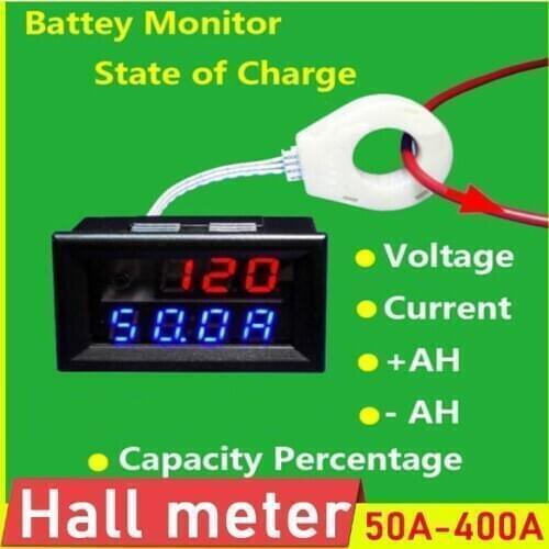 Hall Coulomb meter LED Digital DC VOLT AMP 5-120V 50A 100A 200A 400A Voltage Current capacity Charge discharge for Battery solar