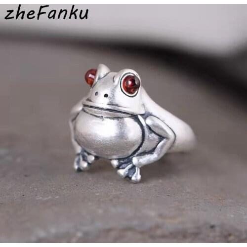 Creative Personality Animal Vintage Frog Ring Retro Unisex Red Garnet Frog Open Adjustable Rings Classic Jewelry Silver Color