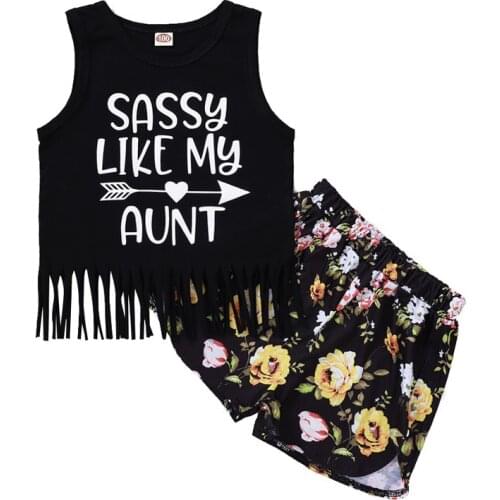 Baby Girls Clothes Sets Summer Girls Black Fringe Flower Print Shorts T-shirt+Pants Suit Children Letter Print Vest Sport Sets