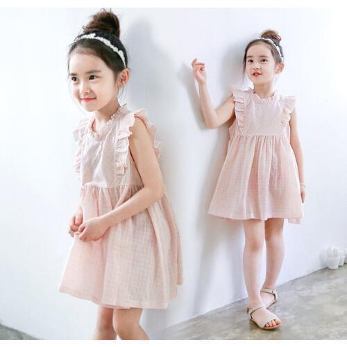 Korean Childrens Clothing Summer 2020 New Kids Girls Dress Children Princess Sweet Pink Striped Lattice Short Sleeves Dress