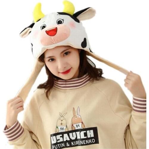 Short Print Milk Cow Hood Hat Plush Toy Birthday Stuffed Cap Gift