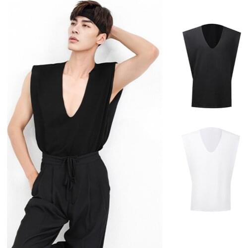 Summer New Latin Dance Practice Clothes Men V Neck Vest Shoulder Pads Black Latin Tops Samba Rumba Modern Dance Costume DNV14926