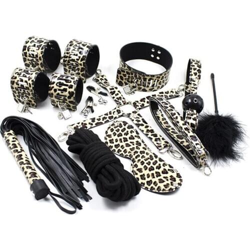 Leather BDSM Bondage Kit Slave Collar Handcuffs Nipple Clamps Mouth Gag Spanking Whip Feather Blindfold Sex Toys For Couples