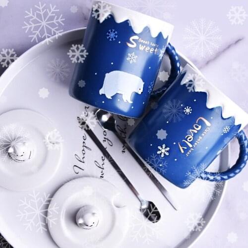 Mug with lid spoon cute personality trend couple ceramic cup girl male Nordic milk coffee tea cup LB030208