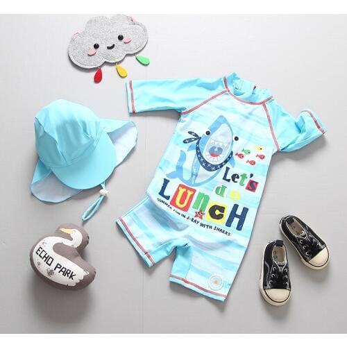 New 2020 Boys Swimsuit With Hat Shark Style One Piece Childrens Swimwear Boys Swimwear Shark Bathing Suit With Hat HX-882032