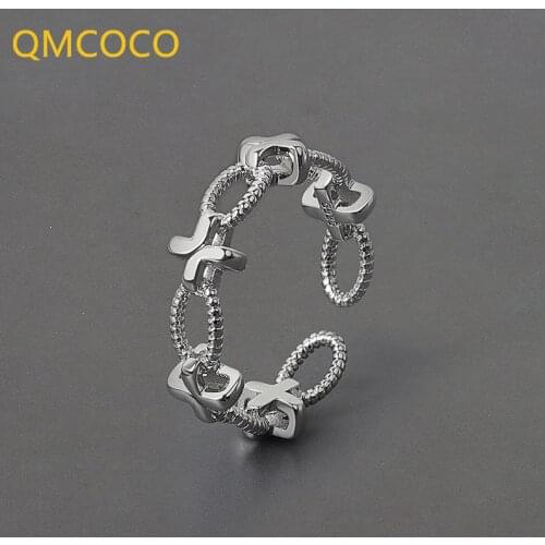 QMCOCO 2021 New 925 Sterling Silver Open Ring For Women INS Minimalist Irregular Wave Cross Vintage Jewelry Woman Birthday
