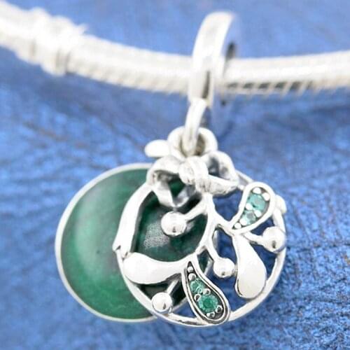 Original Green Enamel CHRISTMAS MISTLETOE With Crystal Pendant Beads Fit 925 Sterling Silver Charm Europe Bracelet Diy Jewelry