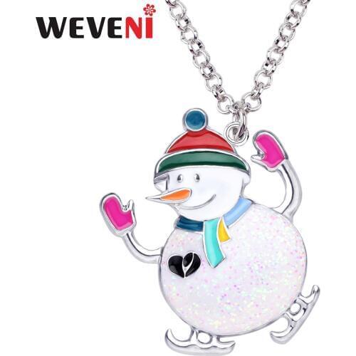 WEVENI Enamel Alloy Christmas Dancing Snowman Necklace Pendant Chain Choker Cartoon Gift Jewelry For Women Girls Teens Bijoux