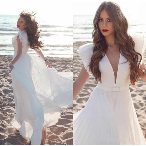 Beach Wedding Dresses 2020 Chic Boho Bohemian Cap Sleeve Bridal Gowns Plus Size Said Mhamad Middle East Pleats Custom Made