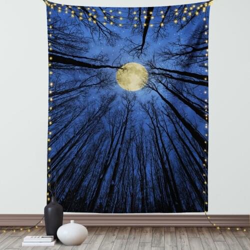 Nature Tapestry Full Moon Depiction in Woods Star Satin Fabric Wall Hanging for Bedroom Living Room Dorm Meeting Background