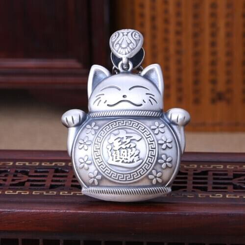 S999 Fine Silver Pendant Women Luck Flower Coin Cat Pendant 40x45mm 20-21g Best Gift