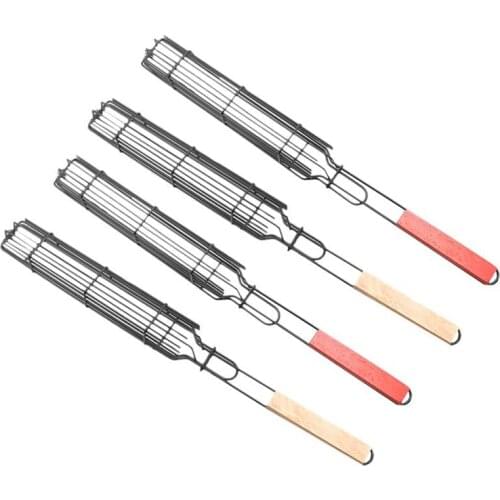 Kabob Grilling Basket Reusable Durable Anti-Corrosion Wooden Handle Barbecue Tool Grill Basket Grill Net for Co-Worker