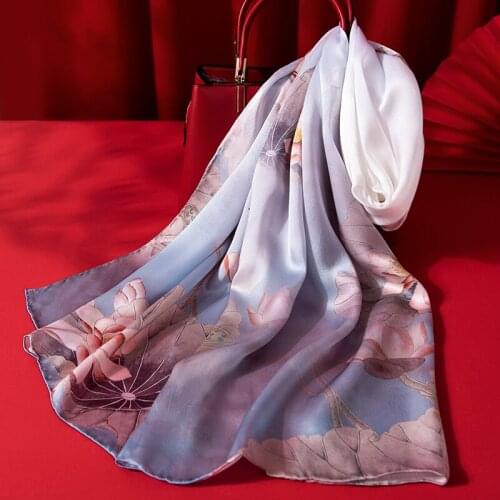 New 100% Real Silk Scarves Women Lotus Leaf Printed Wraps Four Seasons Bufanda Mujer Hangzhou Natural Silk Scarf Foulard Femme