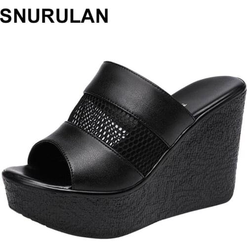 SNURULAN Summer Muffin Thick Bottom Women Slippers Wedges Platform Slides Outdoor 11CmSuper High Heels Mesh Increased LadySandal