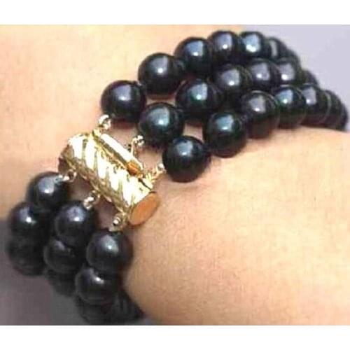 NEW 3 ROW 7.5 INCH AAA 7-8MM TAHITIAN BLACK PEARL BRACELET @free shipping