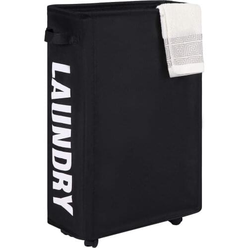 Slim Laundry Basket with Handle on Wheels Black Gray Beige Foldable Corner Storage Bins Waterproof Rolling Dirty Clothes Hamper