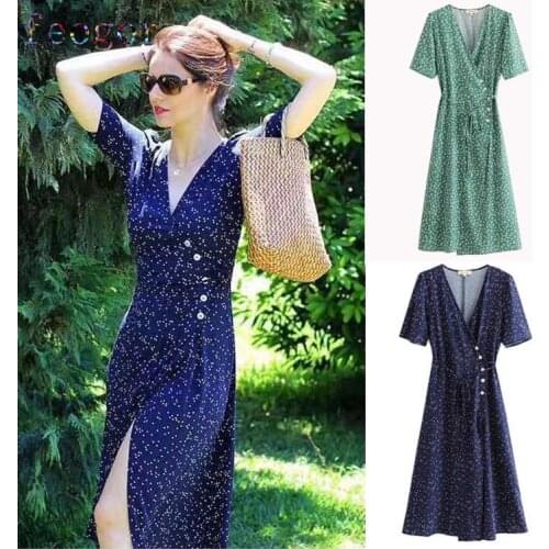 FEOGOR Midi dress party dress 2021 new womens short-sleeved V-neck printed wrap skirt mid-length slim beach holiday dress