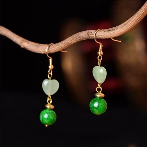Vintage Classic Ethnic Long Dangle Earrings Fashion Green Jade Pink Crystal Earrings Love Heart Stone Drop Earrings For Women