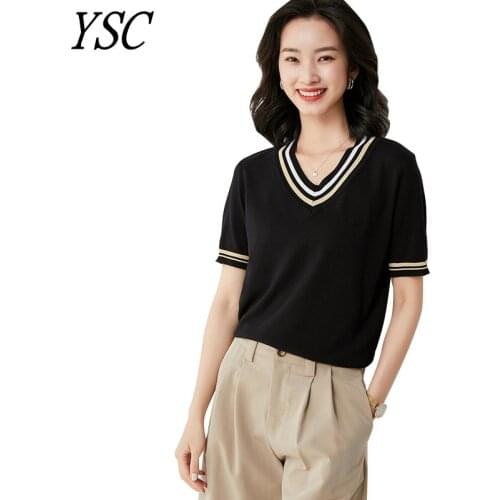 YSC 2021 New pattern Women Pure silk Sweater V collar with white edge Half sleeve Fine yarn soft High-quality pullover 2