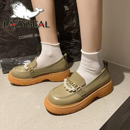 LazySeal 2021 Luxury Pearl Chain Autumn And Winter Women Flats Bling Woman Shoes Ladies Round Toe Slip-on Platform Casual Shoes