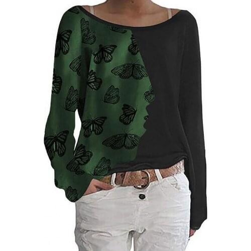 Women Casual Loose Pullover Patchwork Butterfly Print Asymmetrical Long Sleeve Women Blouse Tops for Daily Streetwear