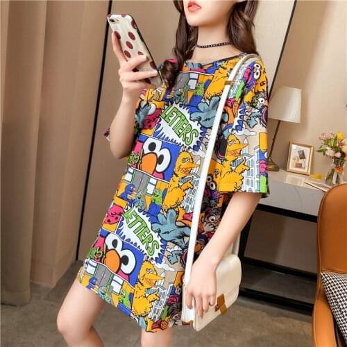 Women Pattern Dress Women Cookie Monster and Elm Print Dress Women Casual The Street Cartoon T Shirt Dress Summer 2020