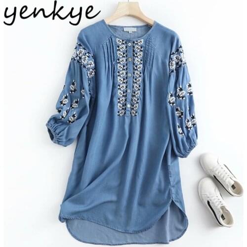 YENKYE Casual Summer Dress 2021 Women Floral Embroidery Vintage Blue Denim Dress Female O Neck Lantern Sleeve Plus Size Vestido