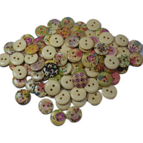100PCS New Flower Printed Round Wooden Button 2 Holes 15mm Mixed Wood Buttons Sewing Accessories for Clothing Decoration DIY
