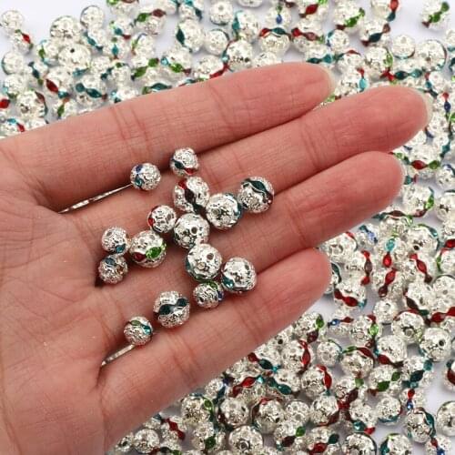 50pcs 6/8mm Multicolor Metal Plated AB Rhinestone Balls Crystal Round Spacer Beads For Jewelry Making DIY Bracelet Accessories